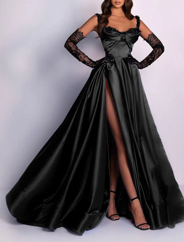 Luolandi A-Line Evening Gown 1920s Black Dress Formal Masquerade Court Train Sleeveless Spaghetti Strap Satin with Slit Sexy Without gloves
